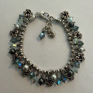 Brighton Silver, Blue Crystal Heart & Faux-Pearl Dangle Bead Bracelet